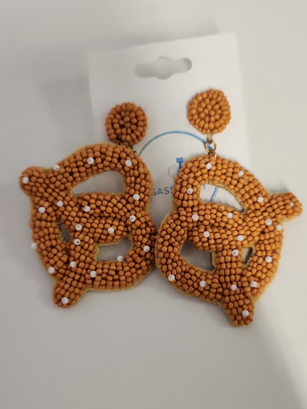 Handcrafted Tan Beaded Pretzel Drop Earrings - Women Accessories